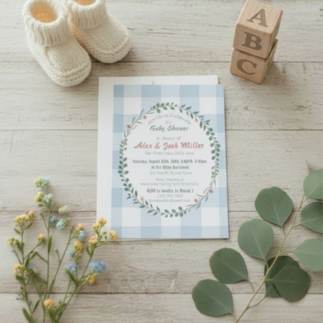 Blue Gingham Botanical Wreath Baby Shower (Creator Uploaded)