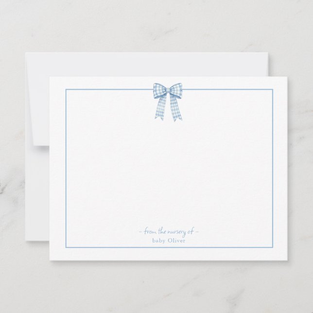 Blue Gingham bow Baby boy nursery thank you Card (Front)