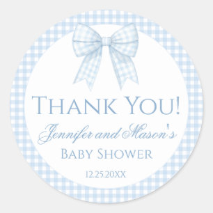 Blue gingham bow baby boy shower thank you sticker