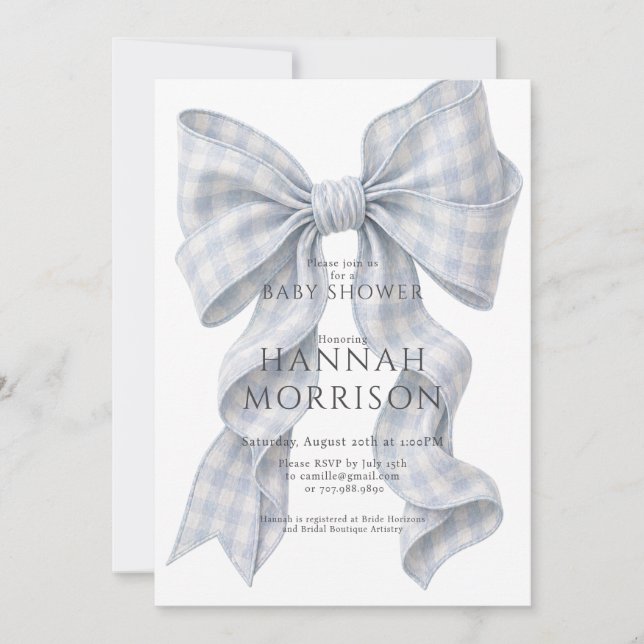 Blue Gingham Bow Baby Shower Invitation (Front)