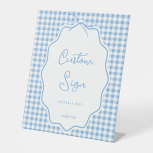 Blue Gingham Bow Barbecue BBQ Baby-Q Baby Shower Pedestal Sign