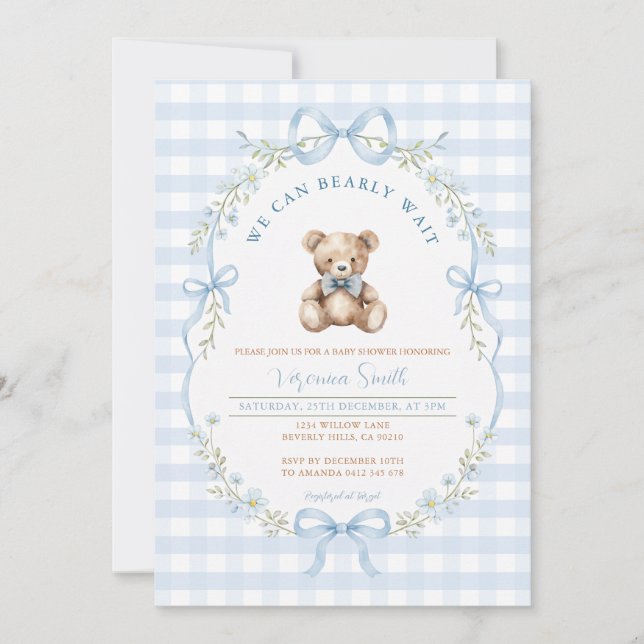 Blue Gingham Bow Bear Baby Shower Invitation (Front)