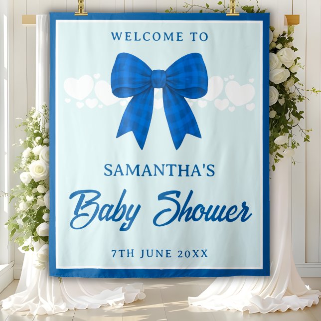 Blue Gingham Bow Boy Baby Shower Backdrop Tapestry (Creator Uploaded)