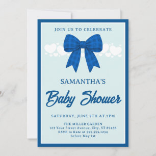 Blue Gingham Bow Boy Baby Shower Invitation