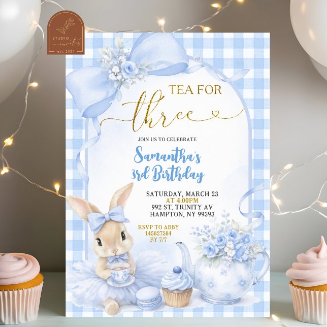 Blue Gingham Bow Bunny Tea Party Third Birthday Invitation (Creator Uploaded)