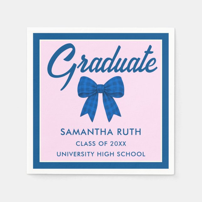 Blue Gingham Bow Graduation Party Napkin (Front)