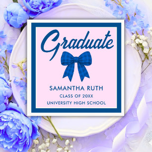 Blue Gingham Bow Graduation Party Napkin