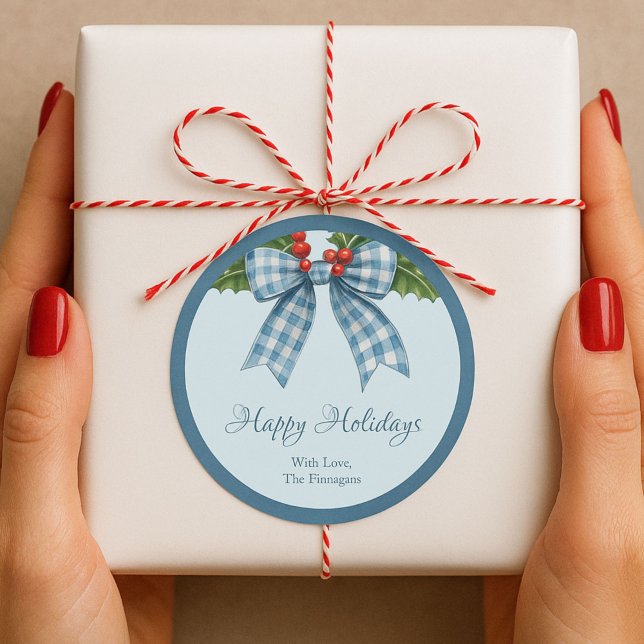 Blue Gingham Bow Happy Holidays Gift Sticker  (Creator Uploaded)