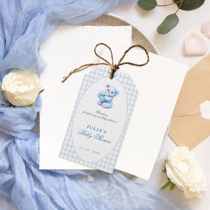 Blue Gingham Bow Heart Teddy Bear Baby Shower Gift Tags