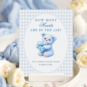 Blue Gingham Bow Heart Teddy Bear Baby Shower Poster