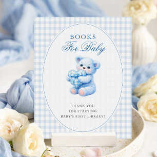 Blue Gingham Bow Heart Teddy Bear Baby Shower Poster