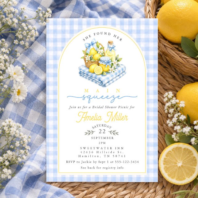 Blue Gingham Bow Lemon Picnic Bridal Shower Invitation (Blue Gingham Bow Lemon Picnic Bridal Shower Invitation)