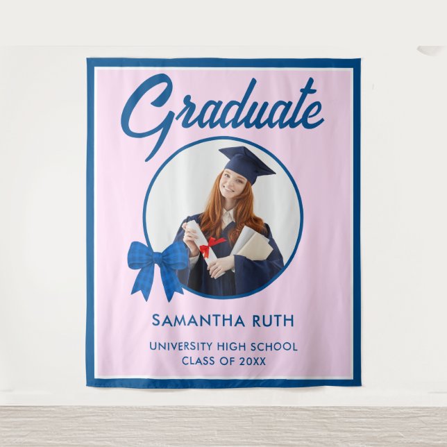 Blue Gingham Bow Photo Graduation Backdrop Tapestry (Front)
