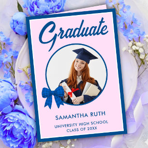 Blue Gingham Bow Photo Graduation  Card
