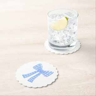 Blue gingham bow preppy grandmillennial paper coaster