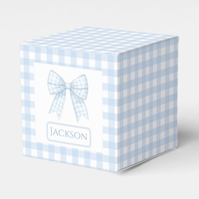 Blue gingham bow ribbon baby boy gift favour boxes (Front Side)