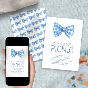 Blue Gingham Bow Tie Baby Shower Picnic Invitation