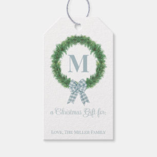 Blue Gingham Bow Wreath Gift Tag