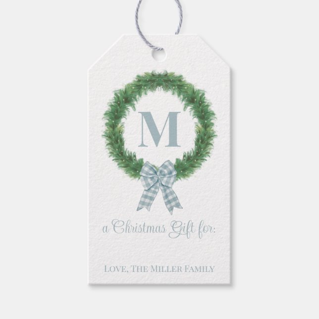 Blue Gingham Bow Wreath Gift Tag (Front)