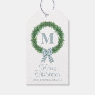 Blue Gingham Bow Wreath Gift Tag