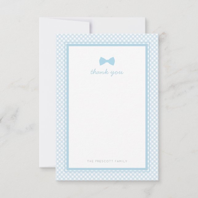 Blue gingham bowtie baby shower thank you note card (Front)