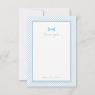 Blue gingham bowtie baby shower thank you note card
