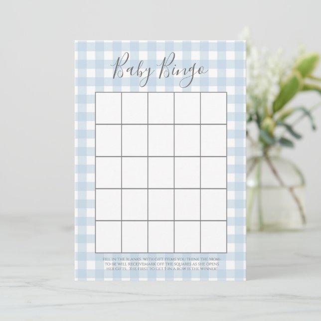 Blue Gingham Boy Baby Shower Bingo Cards (Standing Front)