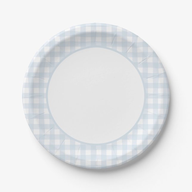 Blue Gingham Boy Baby Shower Paper Plate (Front)