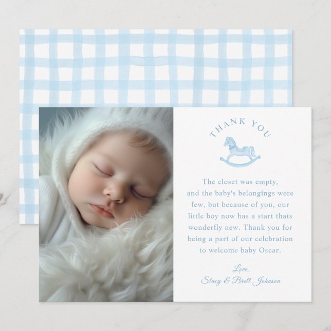 Blue Gingham Boy Baby Shower Photo Thank You Card (Front/Back)