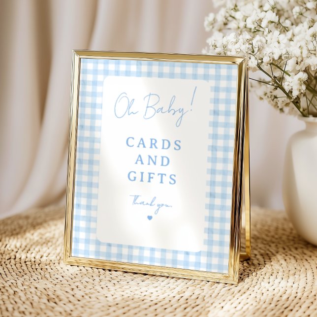 Blue Gingham  Boy Baby Shower Tabletop Poster (Oh Baby Blue Gingham Boy Baby Shower Tabletop Sign)
