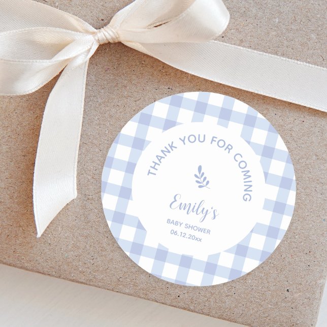 Blue Gingham Boy Baby Shower Thank You For Coming Classic Round Sticker (Creator Uploaded)