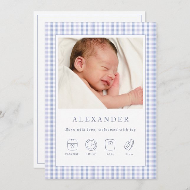 Blue Gingham  Boy Birth Announcement Photo Card (Front/Back)