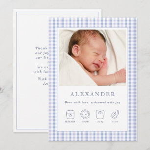 Blue Gingham Boy Birth Announcement Photo Card