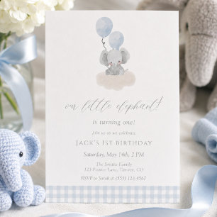 Blue Gingham Boy Elephant First Birthday  Invitation