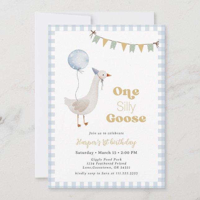 Blue Gingham Boy One Silly Goose Birthday Invitation (Front)