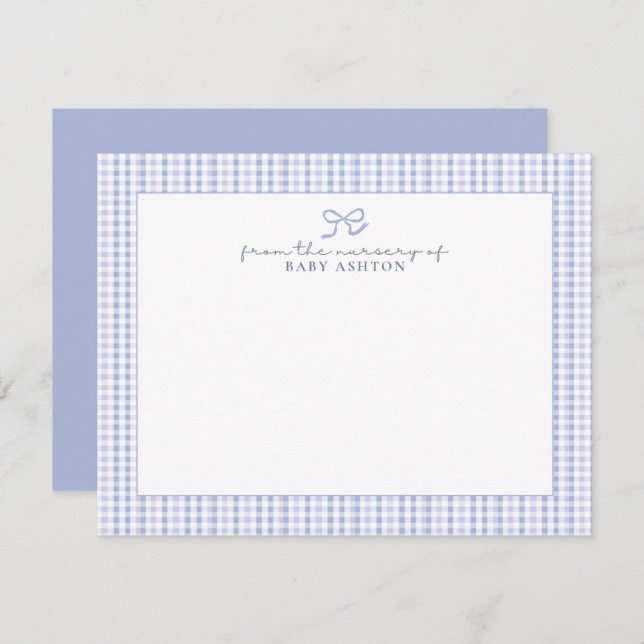 Blue Gingham  Boy Personalised Nursery Note Card (Front/Back)