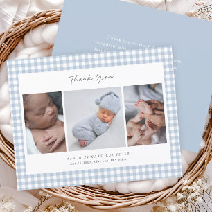 Blue Gingham Boys Budget 3 Photo Thank You Card