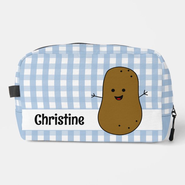 Blue Gingham Brown Potato Custom Dopp Kit (Front)