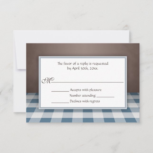 Blue Gingham Brown RSVP Reply Cards (Front)