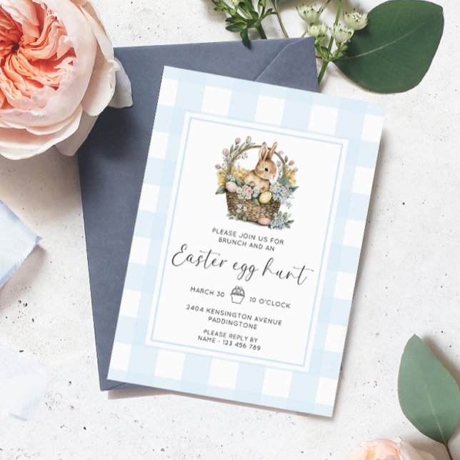 Blue Gingham Bunny Easter Egg Hunt Invitation (Easter Egg Hunt Invitation Gingham )