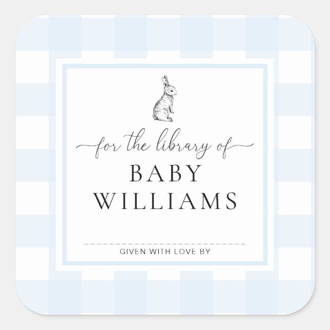 Blue Gingham Bunny For The Library Of Bookplate Square Sticker (Front)
