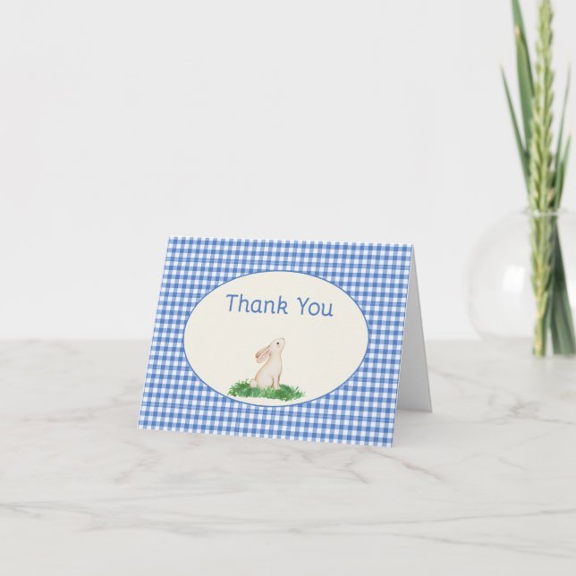 Blue Gingham Bunny Thank you Note Card (Front)