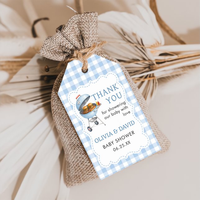 Blue Gingham Burger BBQ Baby Shower Gift Tag (Creator Uploaded)