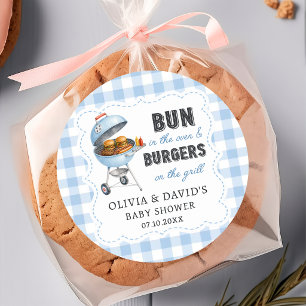 Blue Gingham Burger BBQ Baby Shower Sticker