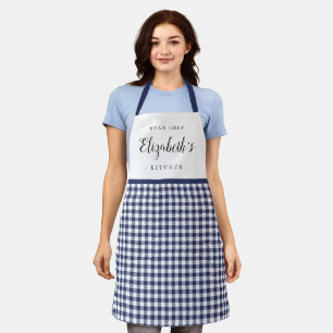 Blue gingham check adult personalised cooking apron