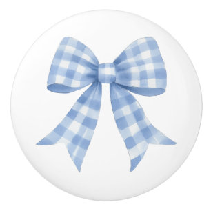 Blue Gingham Check Bow Ceramic Knob