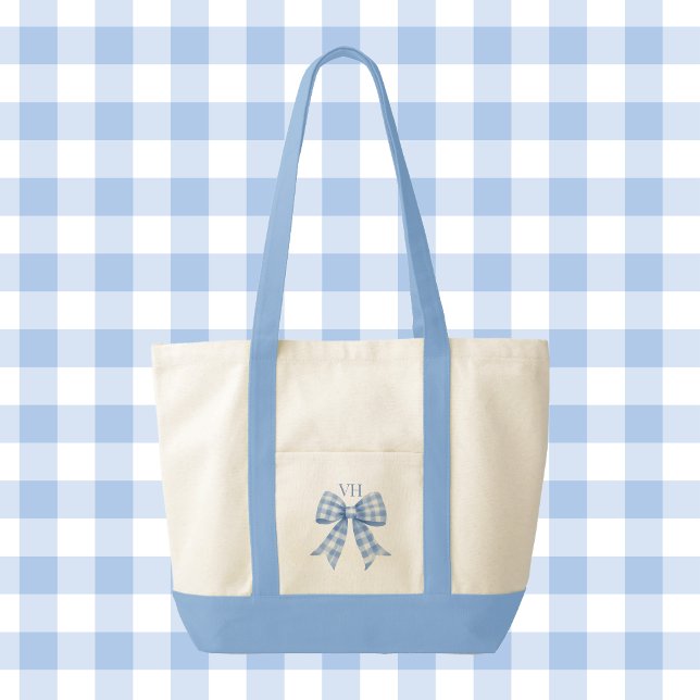 Blue Gingham Check Bow Monogram Contrast Trim Tote Bag (blue gingham check bow monogram tote bag)