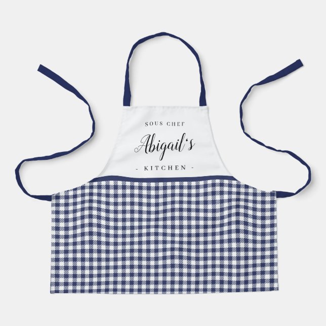 Blue gingham check child personalized cooking apron (Front)