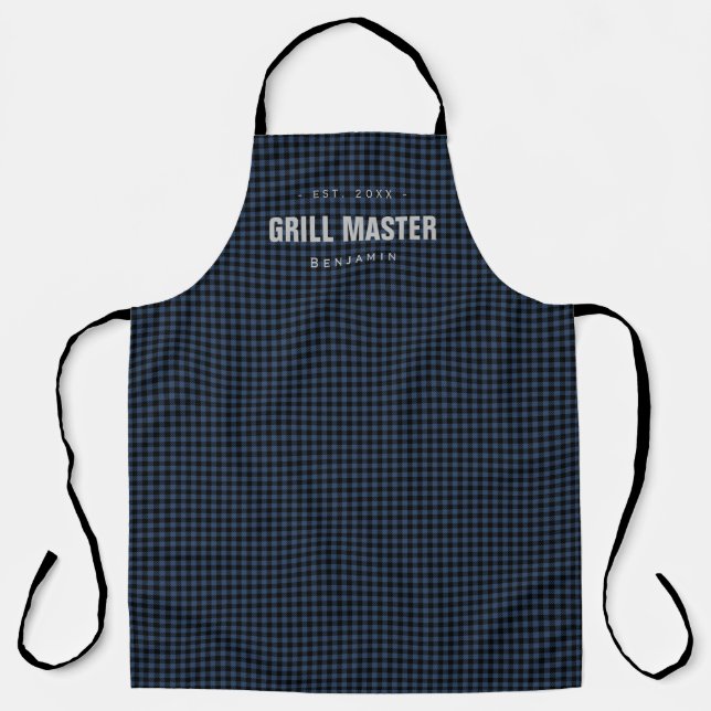 Blue gingham check grill master personalised apron (Front)