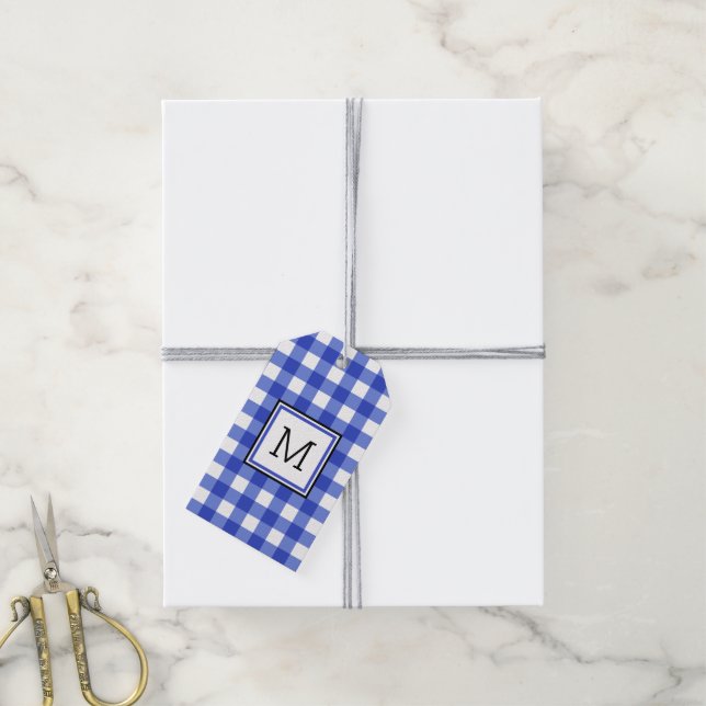 Blue Gingham Check Monogram Gift Tags (With Twine)